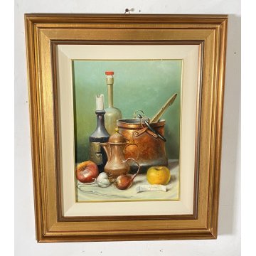 QUADRO DIPINTO OLIO TAVOLA ANTONIO NUNZIANTE NATURA MORTA CIOTTOLI RAME ANNI 80