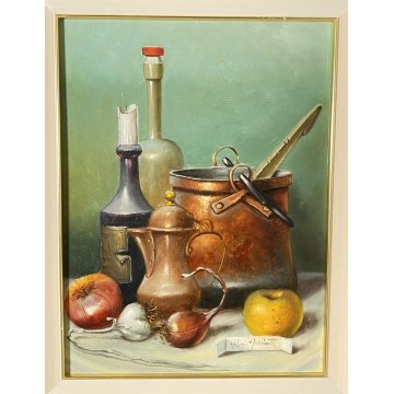 QUADRO DIPINTO OLIO TAVOLA ANTONIO NUNZIANTE NATURA MORTA CIOTTOLI RAME ANNI 80