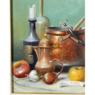QUADRO DIPINTO OLIO TAVOLA ANTONIO NUNZIANTE NATURA MORTA CIOTTOLI RAME ANNI 80