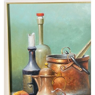 QUADRO DIPINTO OLIO TAVOLA ANTONIO NUNZIANTE NATURA MORTA CIOTTOLI RAME ANNI 80