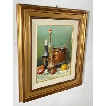 QUADRO DIPINTO OLIO TAVOLA ANTONIO NUNZIANTE NATURA MORTA CIOTTOLI RAME ANNI 80