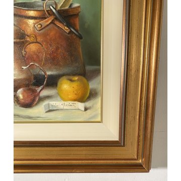 QUADRO DIPINTO OLIO TAVOLA ANTONIO NUNZIANTE NATURA MORTA CIOTTOLI RAME ANNI 80