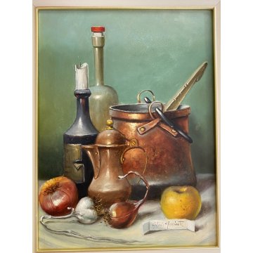 QUADRO DIPINTO OLIO TAVOLA ANTONIO NUNZIANTE NATURA MORTA CIOTTOLI RAME ANNI 80