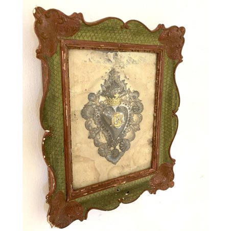 ANTICO SACRO CUORE PER GRAZIA RICEVUTA 17X12,5 ex voto ANGELO RELIQUIA CORNICE