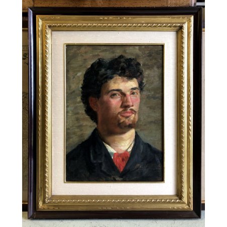 ANTICO DIPINTO OLIO Raffaello Gambogi RITRATTO ARTISTA POSTMACCHIOLO LIVORNO 900