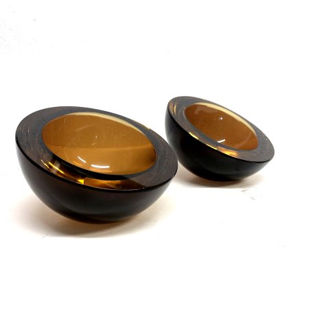 COPPIA BOWL CIOTOLA SVUOTATASCHE VETRO MURANO SEMI SFERA AMBRA Flavio Poli '60s
