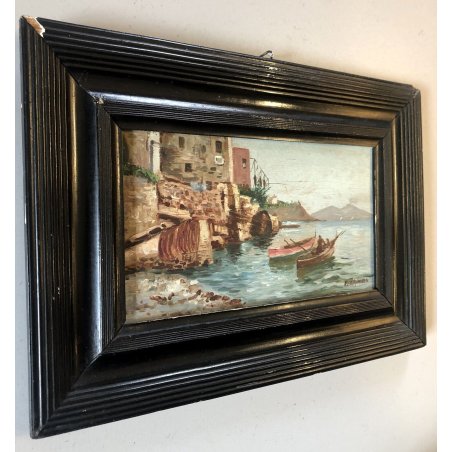 PICCOLO QUADRO OLIO MARINA BARCHE VEDUTA SOUVENIR di Napoli  Vesuvio GUILLOCHE'