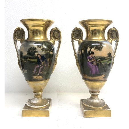 COPPIA ANTICO VASO ANFORA PORCELLANA VECCHIA PARIGI SCENA ROMANTICA '800