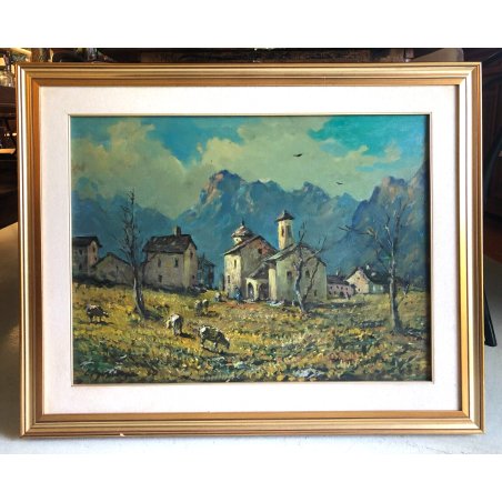 GRANDE QUADRO OLIO C. Bossone PAESAGGIO ALPINO Bognanco PAESE MONTAGNA PASCOLO