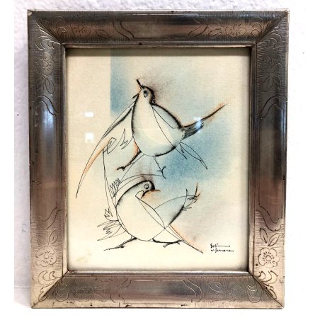 PICCOLO QUADRO Silvano Vismara DISEGNO ASTRATTO CHINA ACQUERELLO UCCELLINI  '900