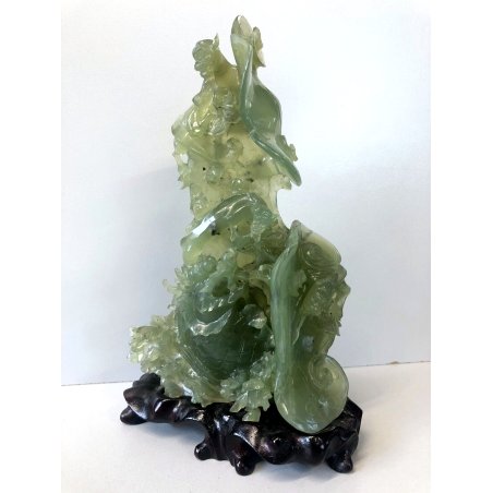 SCULTURA GIADA CINESE VINTAGE VERDE NATURALE DRAGO ANIMALI MITOLOGICI BASE LEGNO