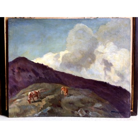 ANTICO DIPINTO OLIO A. Magrini "La nuvola" PAESAGGIO MONTANO MUCCHE MACCHIAIOLO