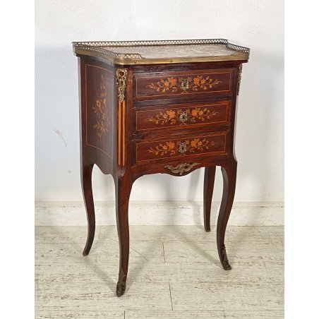 ANTICO COMODINO STILE INGLESE PRIMI 1900 LEGNO INTARSIATO 3 CASSETTI BRONZO OLD