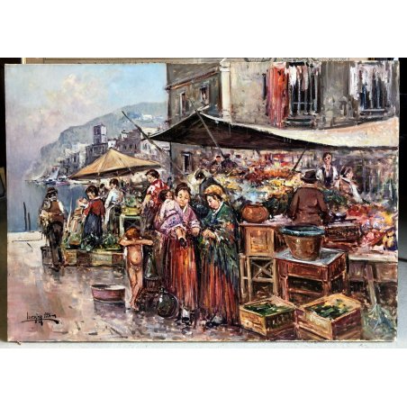 DIPINTO OLIO TELA "Donne al mercato"  Luciano Lutring PAESAGGIO LAGO MAGGIORE