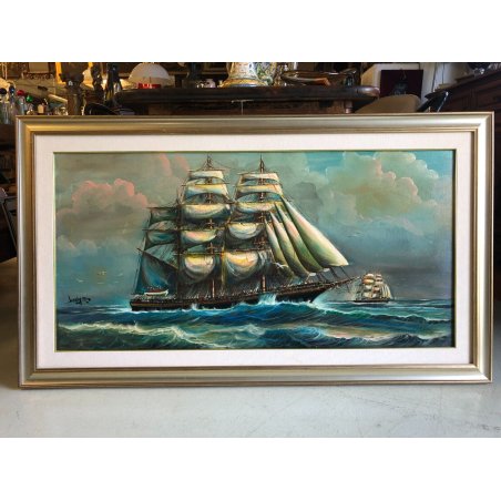 GRANDE DIPINTO OLIO "Velieri sul mare" Luciano Lutring MARINA GALEONI TEMPESTA