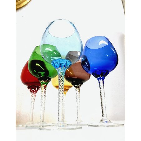 SET 6 BICCHIERI CRISTALLO CALICI VINO VETRO DI Murano MULTICOLORE VINTAGE '50s
