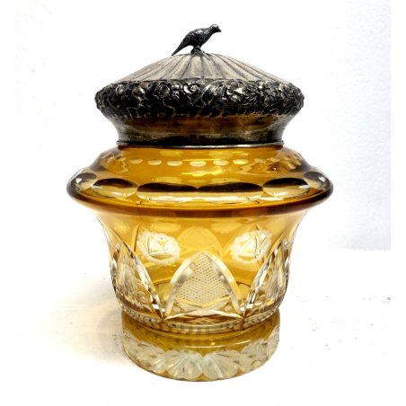 ANTICO VASO CRISTALLO Boemia AMBRA MOLATO con COPERCHIO ARGENTO PUNZONE anni '20