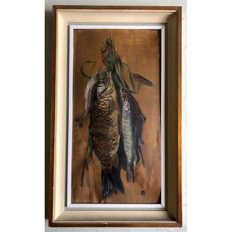 ANTICO DIPINTO OLIO TELA CARTONE NATURA MORTA COMPOSIZIONE PESCI GIUNCO FIRMATO