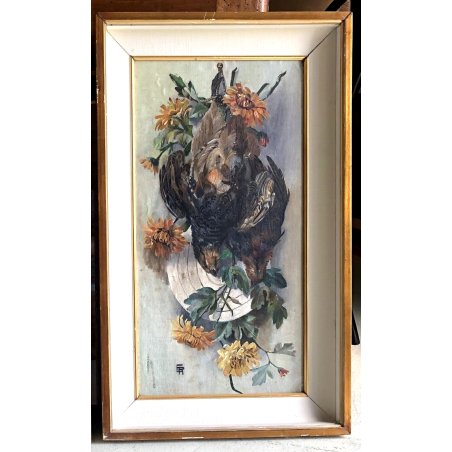 ANTICO DIPINTO OLIO TELA CARTONE NATURA MORTA CACCIAGIONE FAGIANI FIORI FIRMATO