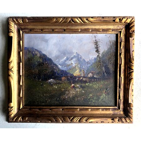 ANTICO QUADRO DIPINTO OLIO PAESAGGIO MONTANO PAESE CAMPI FIORITI FIGURE '900