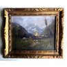 ANTICO QUADRO DIPINTO OLIO PAESAGGIO MONTANO PAESE CAMPI FIORITI FIGURE '900