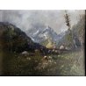 ANTICO QUADRO DIPINTO OLIO PAESAGGIO MONTANO PAESE CAMPI FIORITI FIGURE '900