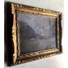 ANTICO QUADRO DIPINTO OLIO PAESAGGIO MONTANO PAESE CAMPI FIORITI FIGURE '900