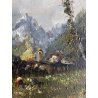 ANTICO QUADRO DIPINTO OLIO PAESAGGIO MONTANO PAESE CAMPI FIORITI FIGURE '900