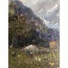 ANTICO QUADRO DIPINTO OLIO PAESAGGIO MONTANO PAESE CAMPI FIORITI FIGURE '900