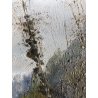 ANTICO QUADRO DIPINTO OLIO PAESAGGIO MONTANO PAESE CAMPI FIORITI FIGURE '900