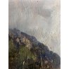 ANTICO QUADRO DIPINTO OLIO PAESAGGIO MONTANO PAESE CAMPI FIORITI FIGURE '900