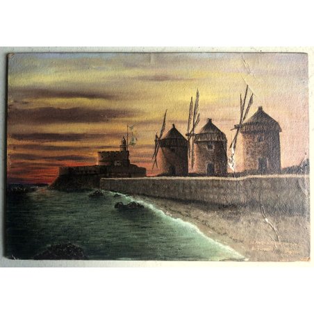 ANTICO DIPINTO OLIO P. Tognoni "Il faro di Rodi" MAR EGEO PAESAGGIO MARINA 1921