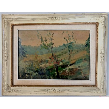 ANTICO QUADRO DIPINTO OLIO Alessandro Catalani PAESAGGIO COLLINA BOSCO AUTUNNO