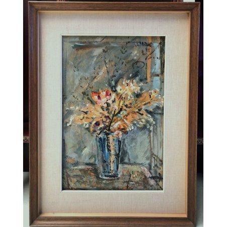 QUADRO OLIO TAVOLA NATURA MORTA VASO VETRO di FIORI Franco Martini (?) FM 1956