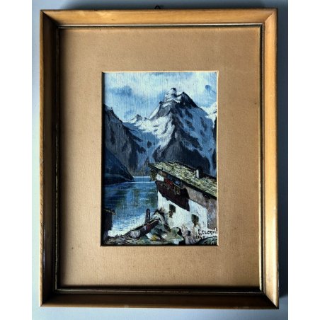 ANTICO PICCOLO QUADRO DIPINTO E. Clerici 1940 PAESAGGIO MONTANO ALPI LAGO