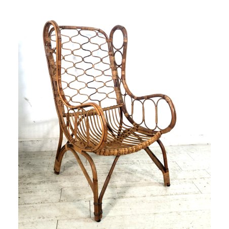 POLTRONA VINTAGE RATTAN CANNA D'INDIA DESIGN MIDCENTURY ATTR. Lio Carminati '50s