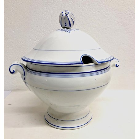 ANTICA ZUPPIERA COPERCHIO LEGUMIERA MARCHIO AM CERAMICA BIANCA DECORO BLU '900