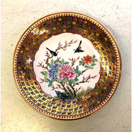 PIATTO PORCELLANA CINESE DECORO FIORI PEONIA UCCELLI VINTAGE MIDCENTURY ø 36,5cm