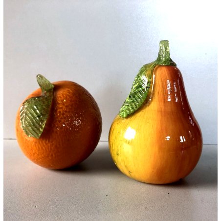 COPPIA FRUTTI VETRO SOFFIATO MURANO ARANCIA PERA VINTAGE ART GLASS  ATTR.  '50s