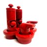 SET CONDIMENTO CERAMICA Il Picchio Italy DESIGN Enzo Bioli SMALTO ROSSO ANNI '60