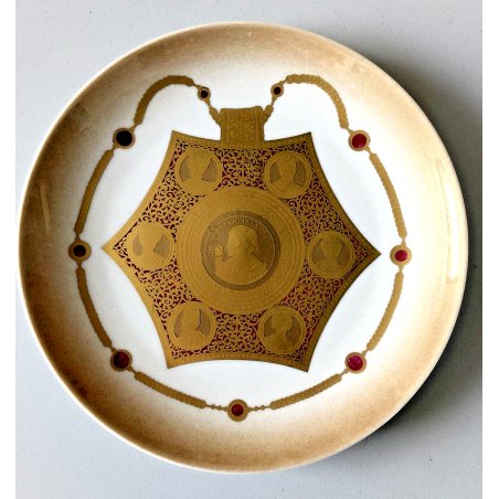 PIATTO GIOIELLO OREFICERIA Morbelli PORCELLANA Medaglione di Costantino ORO 24kt