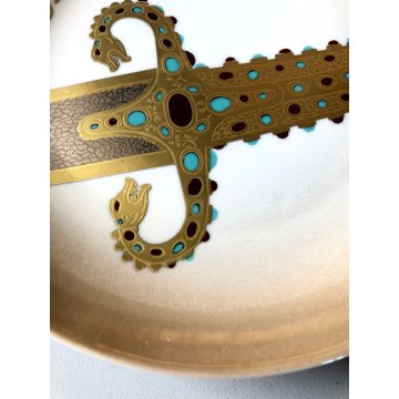 PIATTO GIOIELLO OREFICERIA Morbelli PORCELLANA SMALTO Spada di Maometto ORO 24kt