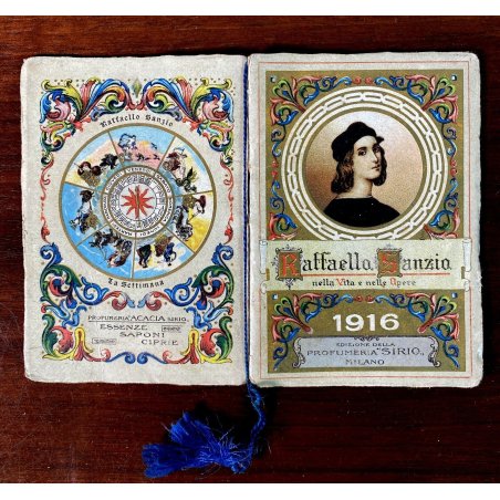ANTICO CALENDARIETTO PUBBLICITARIO 1916 prodot. SIRIO almanacco RAFFAELLO SANZIO