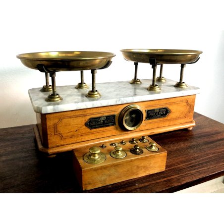 ANTICA BILANCIA Bulgari Santo 2 PIATTI PESA 5 kg OTTONE LEGNO MARMO Italia 1881
