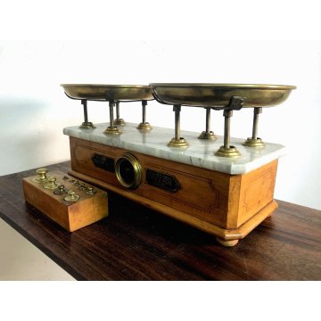 ANTICA BILANCIA Bulgari Santo 2 PIATTI PESA 5 kg OTTONE LEGNO MARMO Italia 1881