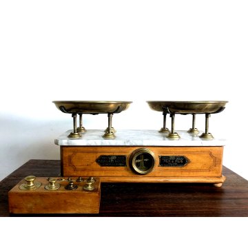 ANTICA BILANCIA Bulgari Santo 2 PIATTI PESA 5 kg OTTONE LEGNO MARMO Italia 1881