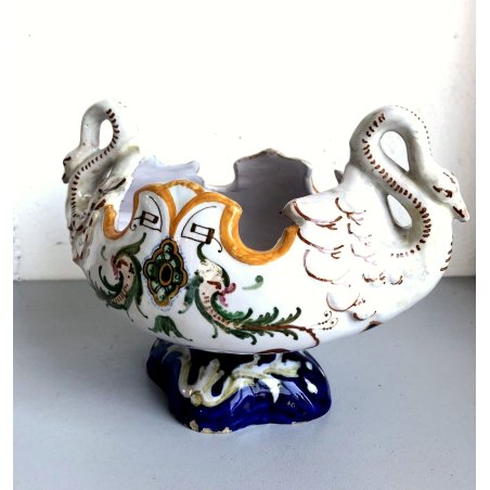 PICCOLO VASO GIARDINIERA CERAMICA Faenza DECORO RAFFAELLESCHE PRESE CIGNO '900