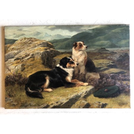 ANTICO DIPINTO OLIO J. C. Dollman PAESAGGIO RITRATTO CANE ENGLISH SETTER DOG '34