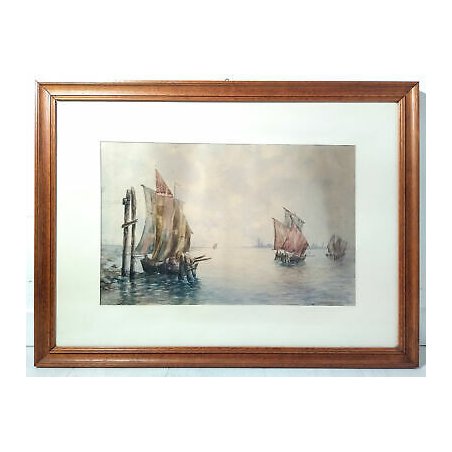 DIPINTO ACQUERELLO BARCHE VENEZIA LAGUNA SERENISSIMA SAN MARCO GIORGIO EPOCA 900