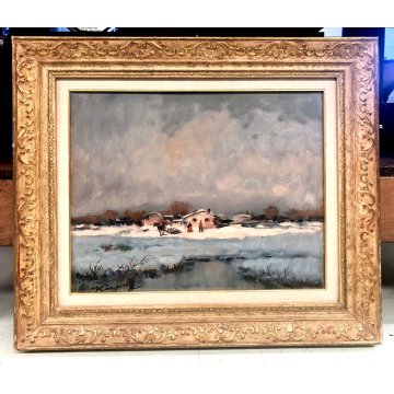 DIPINTO OLIO TELA Ivan Karpoff PAESAGGIO INVERNALE CASOLARE NEVE FIGURE